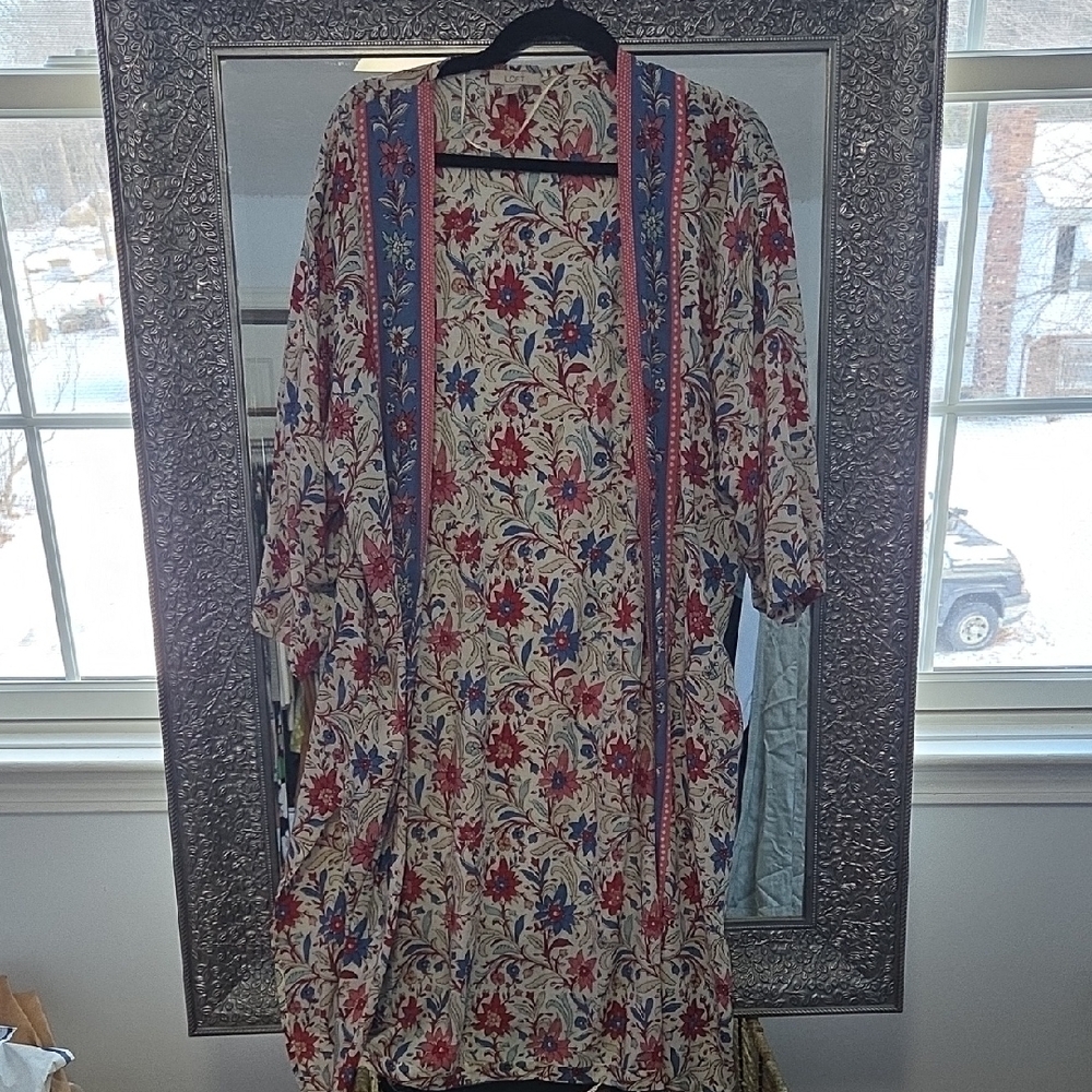 Ann Taylor Loft Floral Kimono with Red and Blue Accents